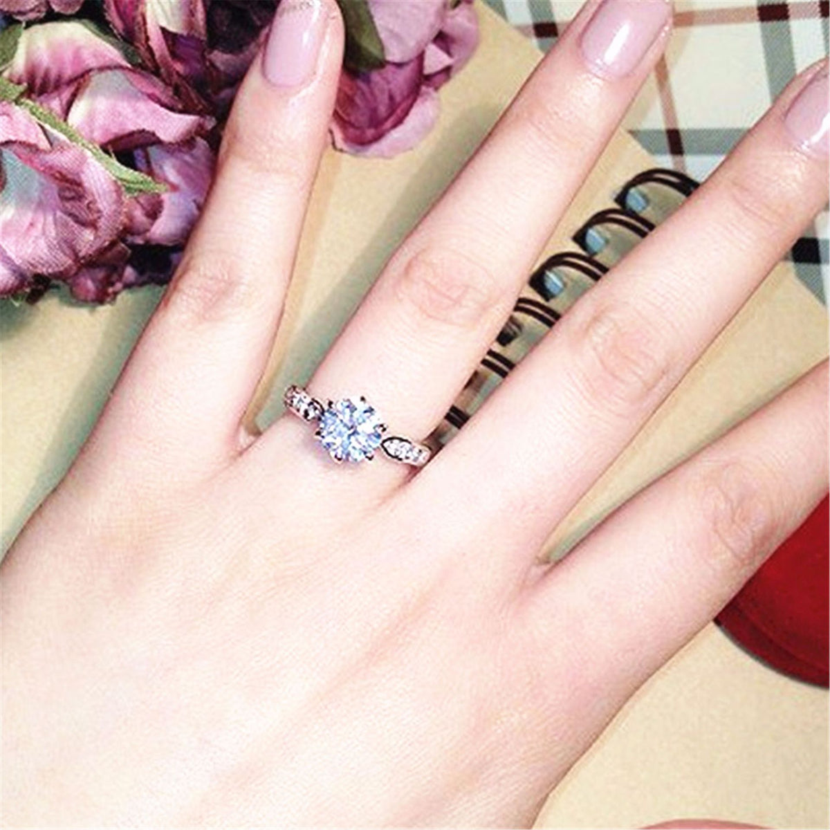 Classic Zircon Six-Claw Flower Ring Adjustable Wedding Band