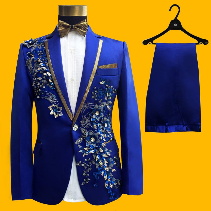 Men's Blue Embroidered 4-Piece Suit – Slim Fit