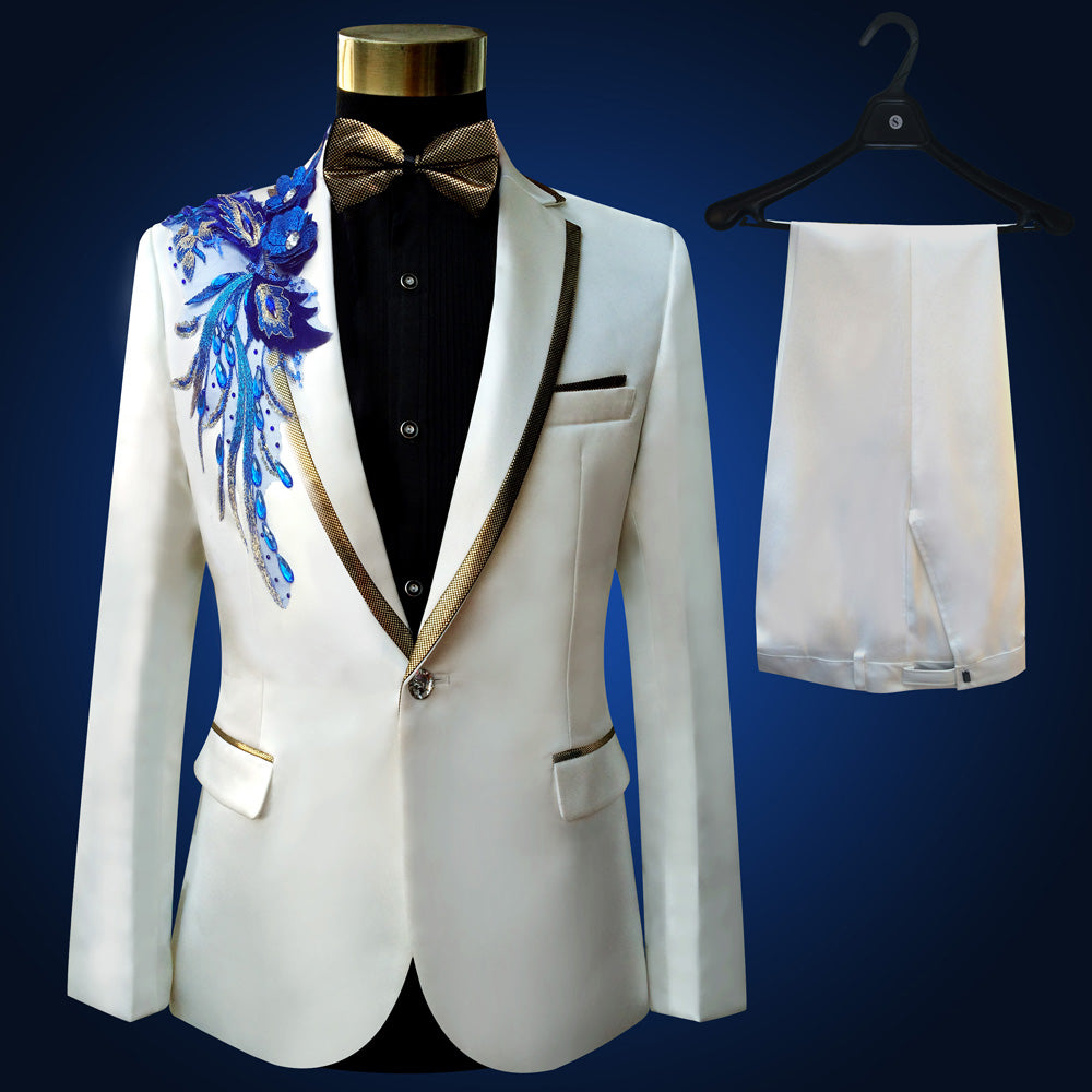 Men's Blue Embroidered 4-Piece Suit – Slim Fit