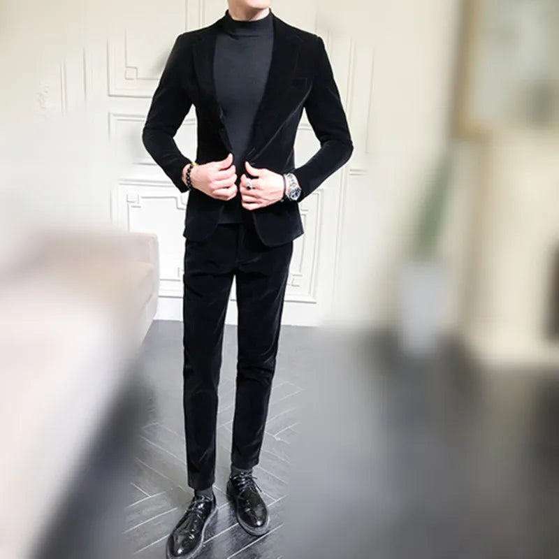 Men's 2-Piece Velvet Tuxedo Suit – Wine Red, Black & Green Wedding Blazer