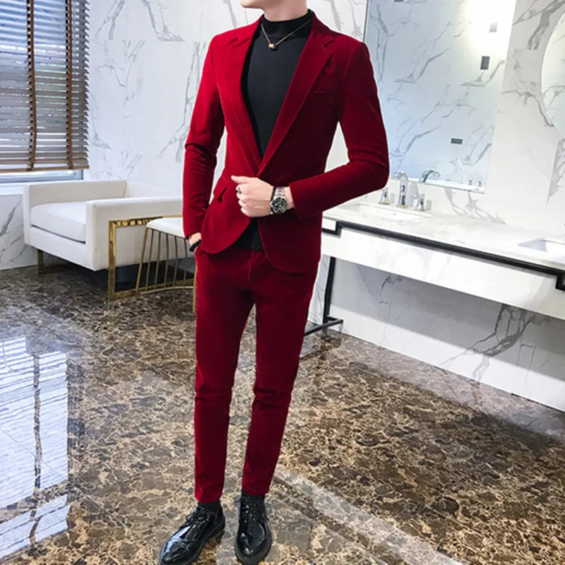 Men's 2-Piece Velvet Tuxedo Suit – Wine Red, Black & Green Wedding Blazer