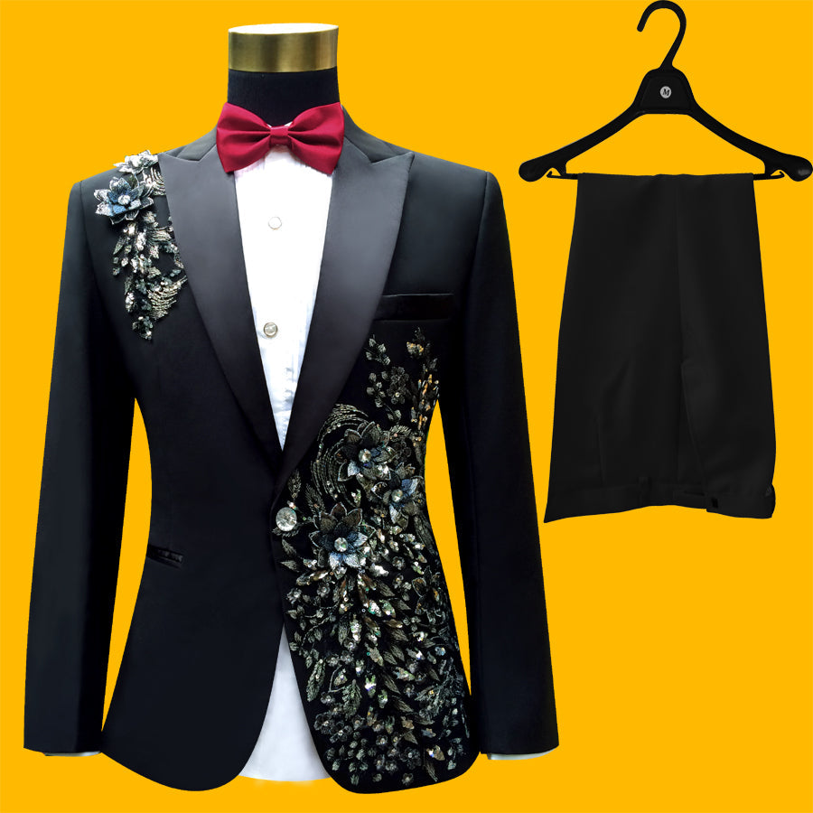 Men's Blue Embroidered 4-Piece Suit – Slim Fit