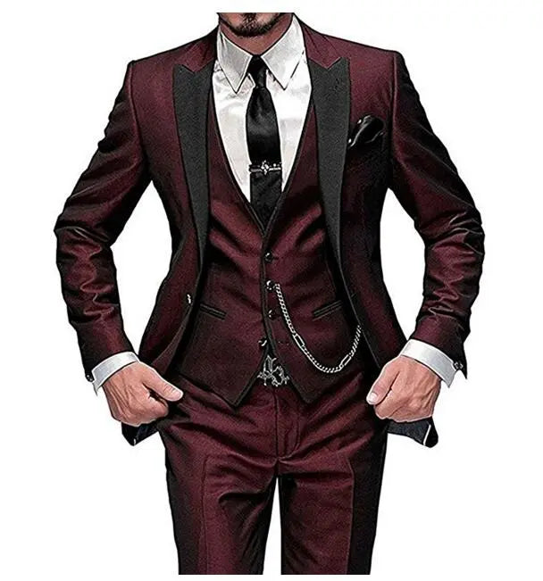 Men's Slim Fit 3-Piece Burgundy Tuxedo Suit  Wedding Groom Notch Lapel