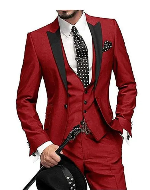 Men's Slim Fit 3-Piece Burgundy Tuxedo Suit  Wedding Groom Notch Lapel