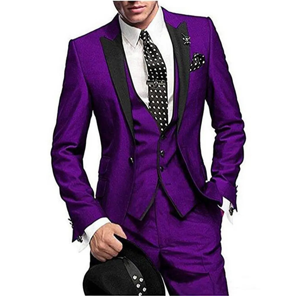 Men's Slim Fit 3-Piece Burgundy Tuxedo Suit  Wedding Groom Notch Lapel