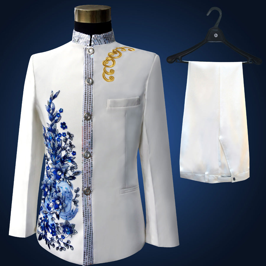 Men's Blue Embroidered 4-Piece Suit – Slim Fit