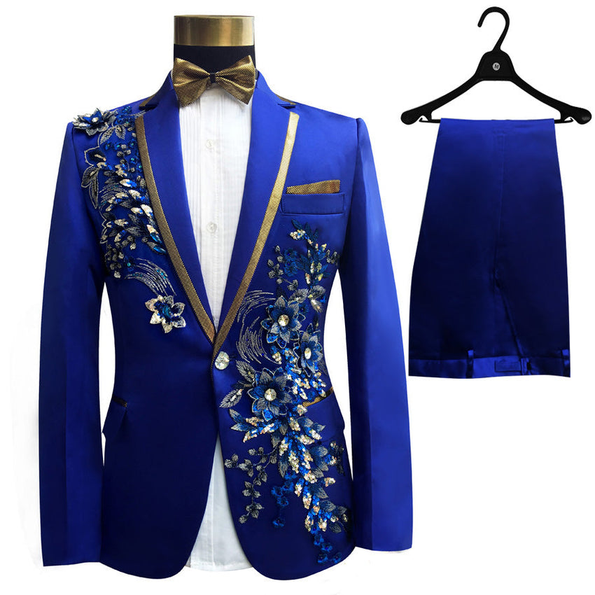 Men's Blue Embroidered 4-Piece Suit – Slim Fit