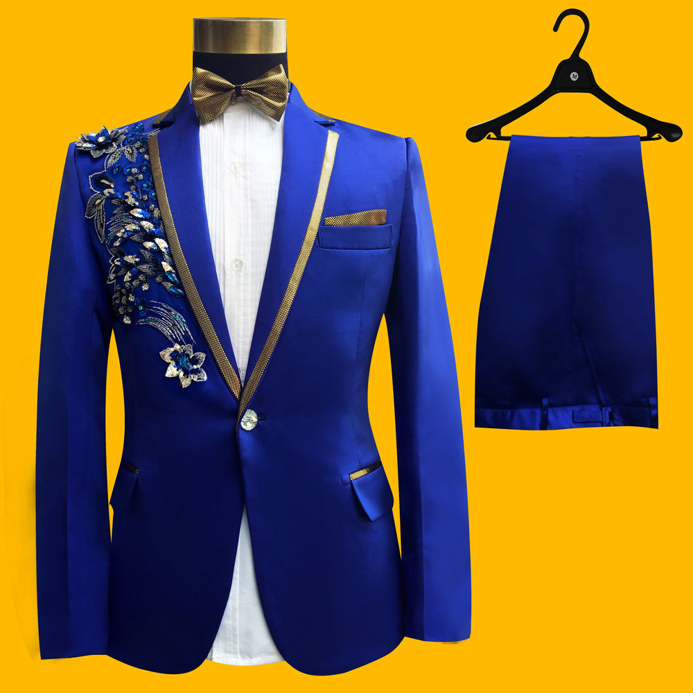 Men's Blue Embroidered 4-Piece Suit – Slim Fit