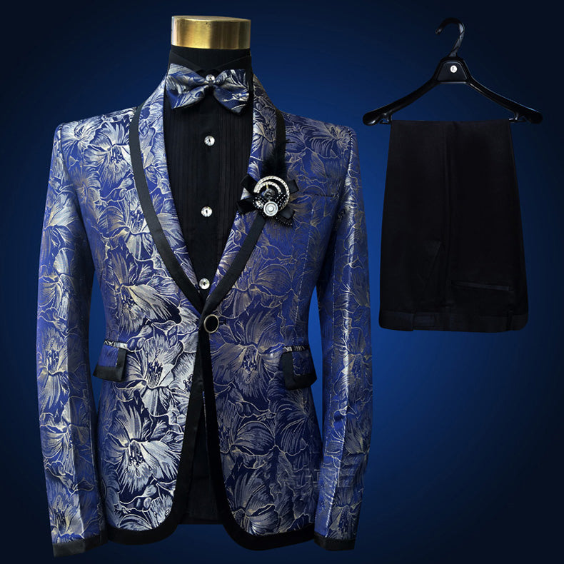Men's Blue Embroidered 4-Piece Suit – Slim Fit