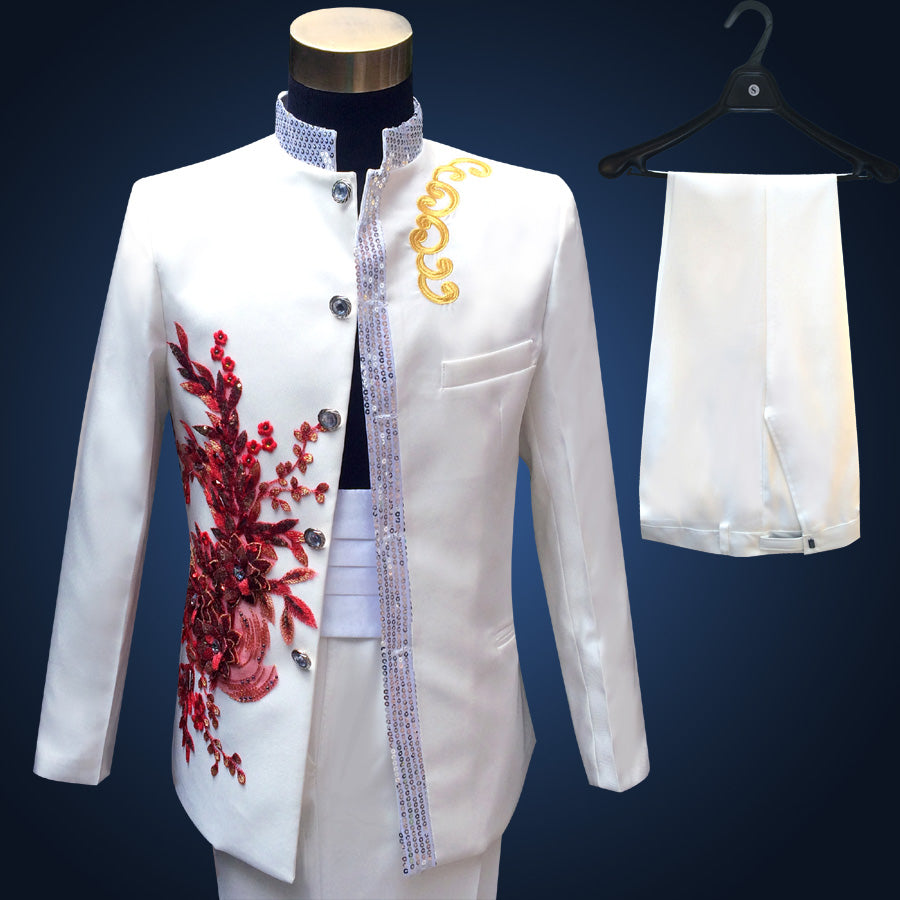 Men's Blue Embroidered 4-Piece Suit – Slim Fit