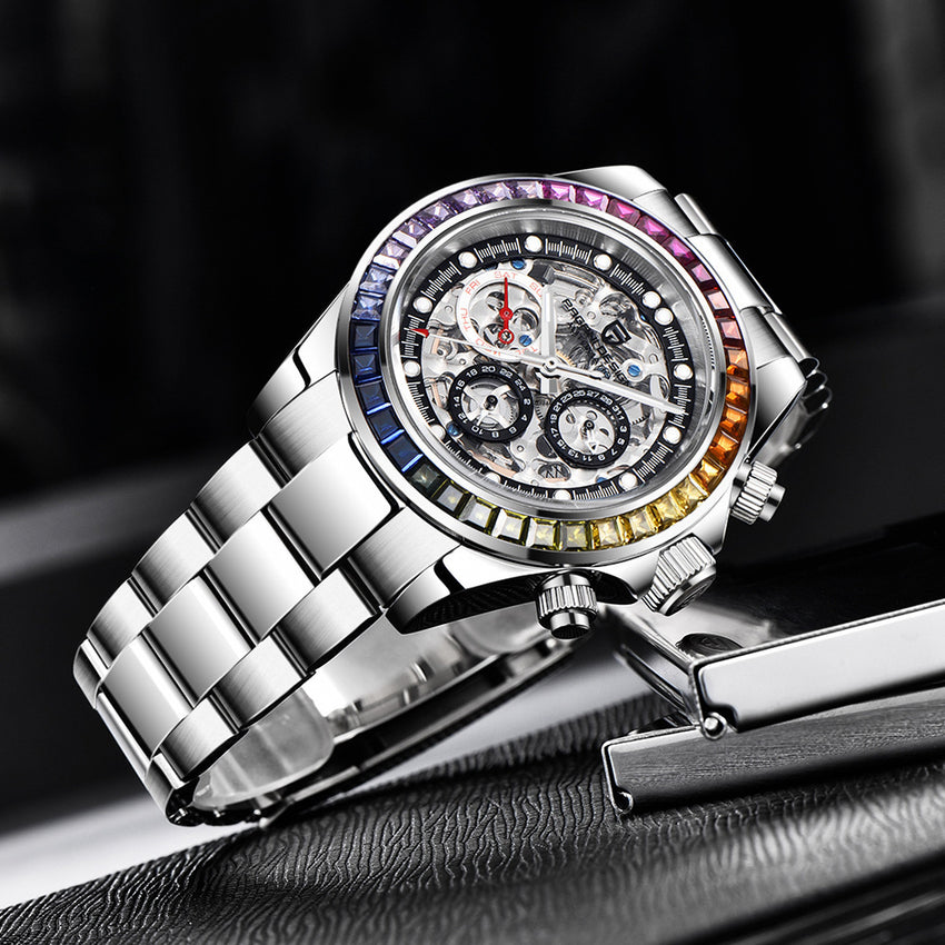 Paganidesign Men's Multifunction Automatic Mechanical Watch with Open Movement and Stainless Steel Case 1653