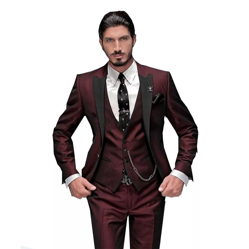 Men's Slim Fit 3-Piece Burgundy Tuxedo Suit  Wedding Groom Notch Lapel