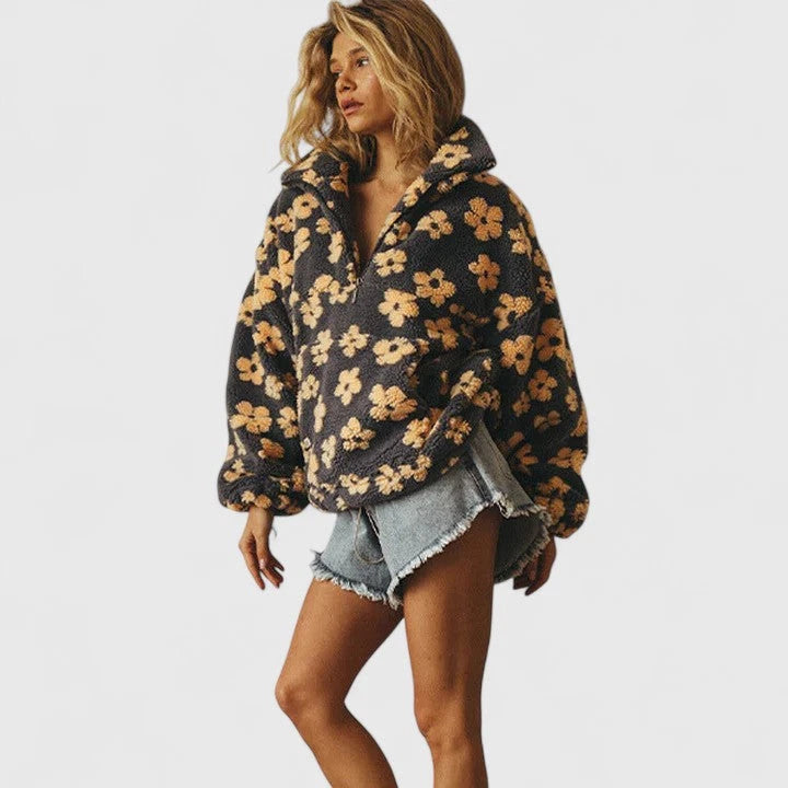 Floral Women's Fleece Sweater – Half-Zip Oversized Fit — view 4