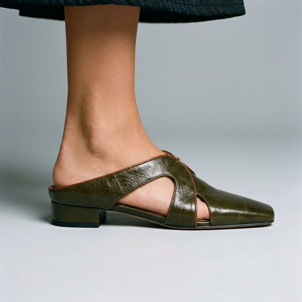 Lori Women's Leather Mule – Cutout Square Toe Low Heel — view 3