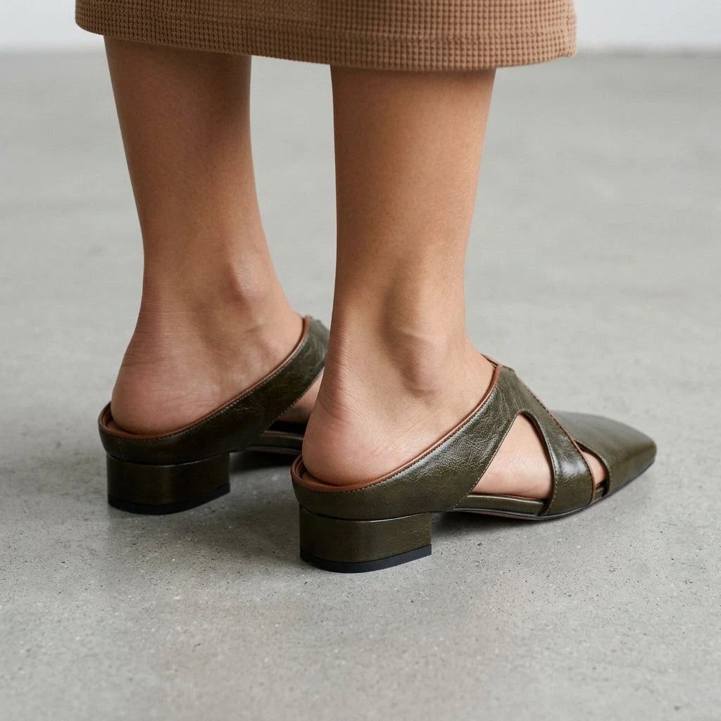 Lori Women's Leather Mule – Cutout Square Toe Low Heel — view 4