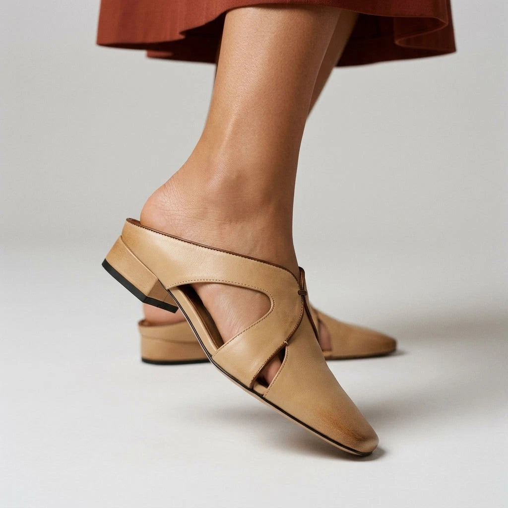 Lori Women's Leather Mule – Cutout Square Toe Low Heel — view 8