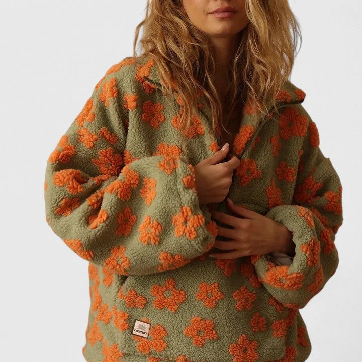 Floral Women's Fleece Sweater – Half-Zip Oversized Fit — view 8
