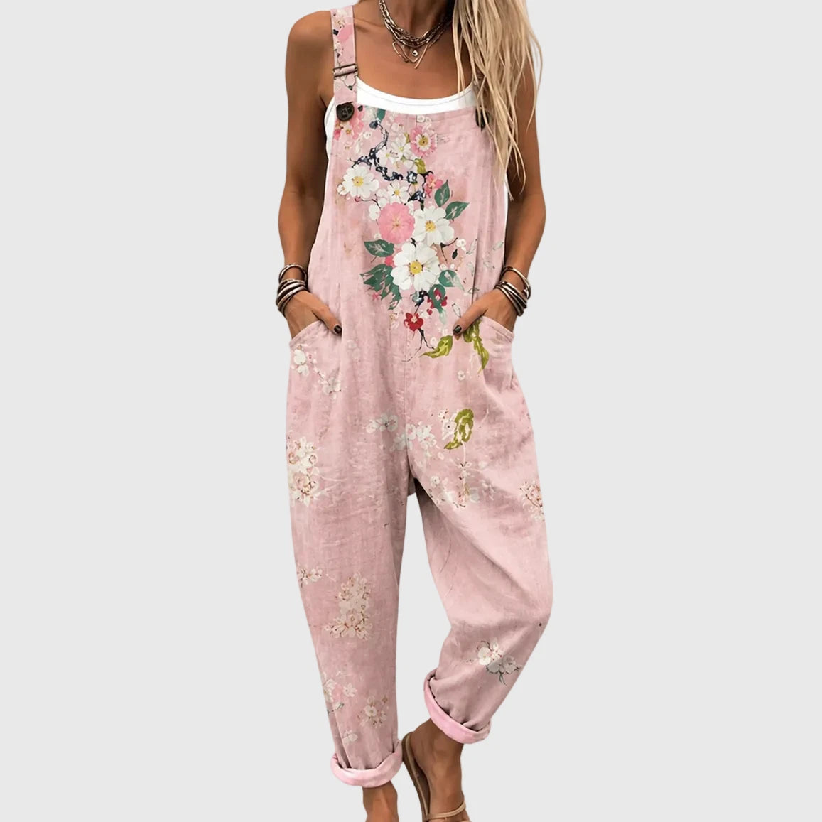 Pink Floral Women's Jumpsuit – Adjustable Straps Soft Comfort