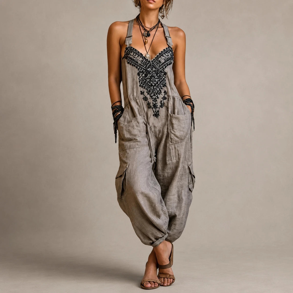 Astrid Women's Bohemian Jumpsuit – Embroidered Loose Fit