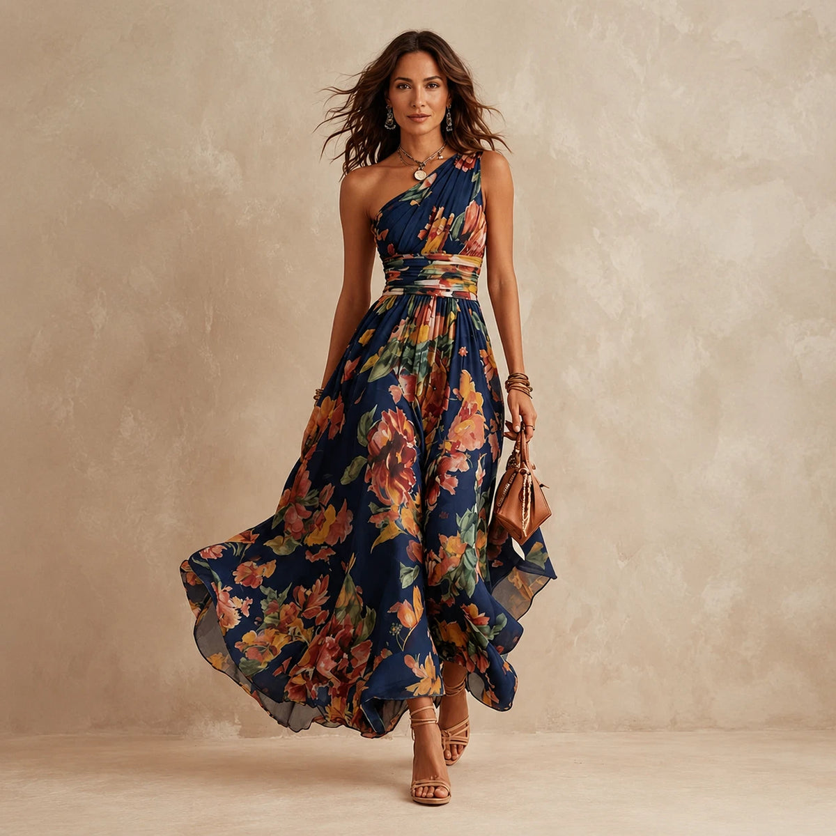 Sibyl Women's Maxi Dress – One-Shoulder Floral Flowing Fit
