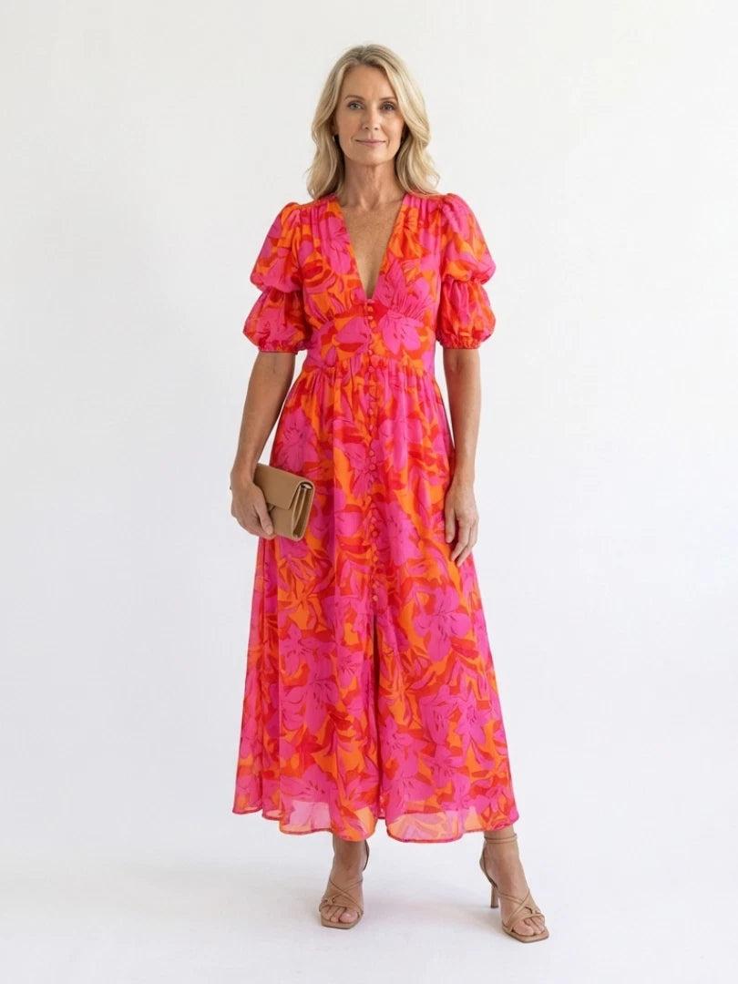 Willow Women's Midi Dress – Floral V-Neck Comfort
