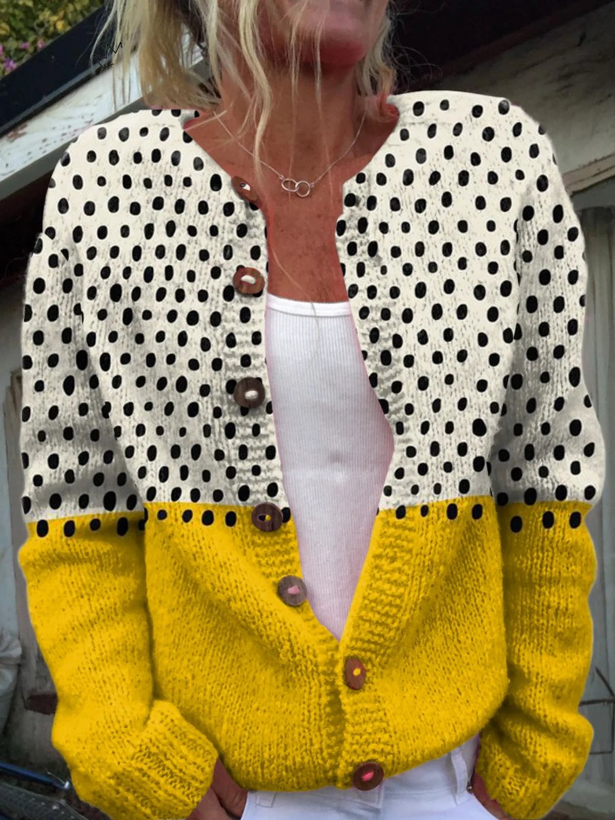 Women's Colorblock Knit Cardigan – Polka Dot Button Front