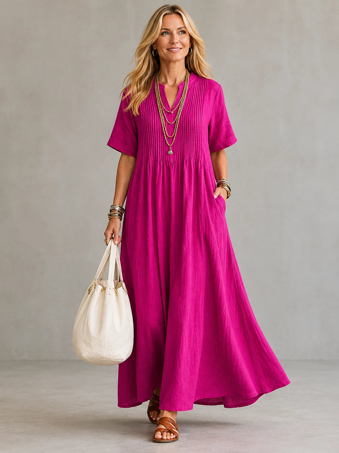 Pleated Women's Maxi Dress – Relaxed Fit Everyday Comfort