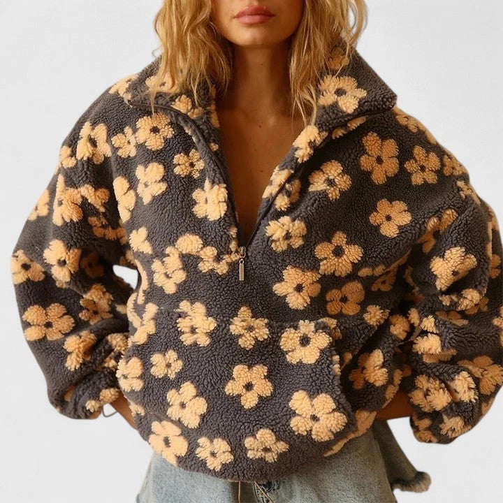Floral Women's Fleece Sweater – Half-Zip Oversized Fit