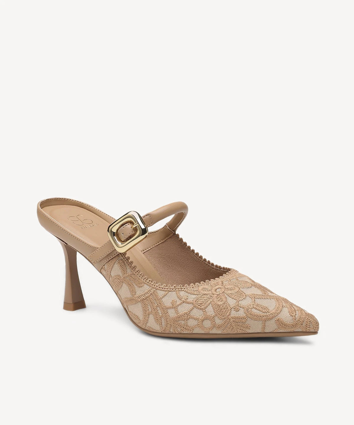 Pointed Toe Women's Heeled Mules – Stiletto Heel Style — Embroidery Apricot