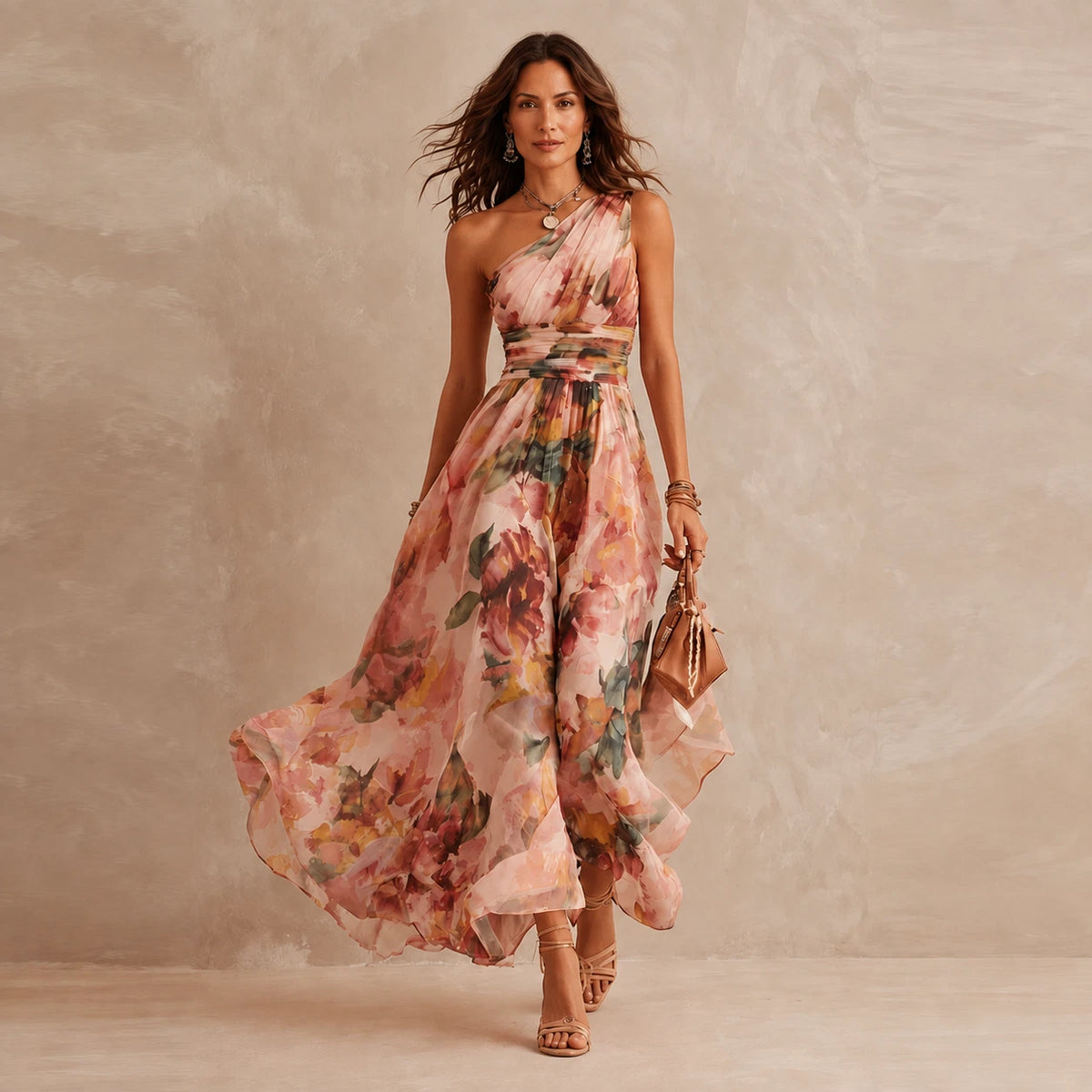 Sibyl Women's Maxi Dress – One-Shoulder Floral Flowing Fit — Pink
