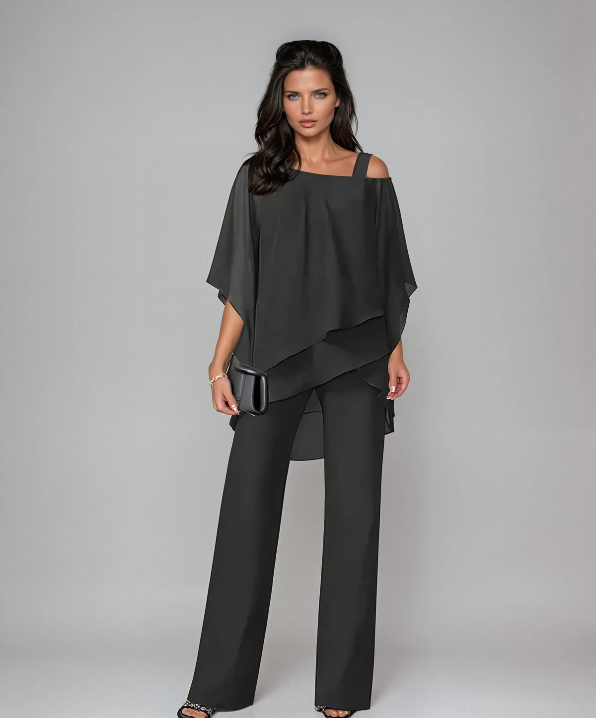 Eleanor Women's Two-Piece Set – Asymmetric Chiffon Drape — Nero