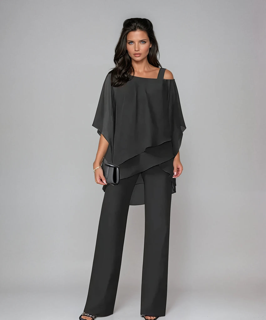Eleanor Women's Two-Piece Set – Asymmetric Chiffon Drape — Nero