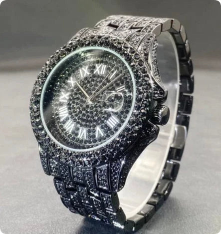 Calendar Men's Quartz Watch – Zircon Accent Fashion Style — Black