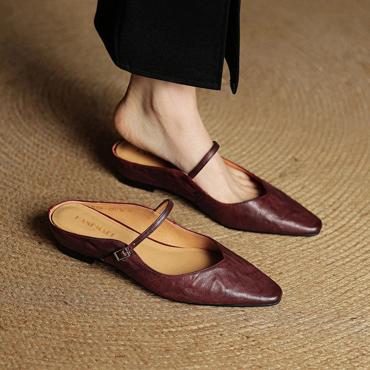 Talia Women's Leather Mules – Mary Jane Strap Secure Fit — Maroon