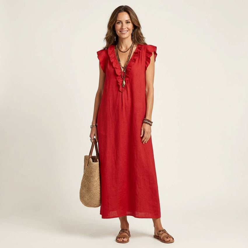 Josette Women's Maxi Dress – Ruffle V-Neck Comfort — Red