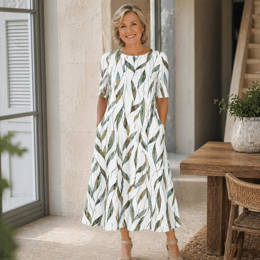 Shirley Women's Midi Dress – Abstract Print Flared Skirt — Green