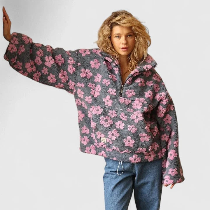 Floral Women's Fleece Sweater – Half-Zip Oversized Fit — Pink