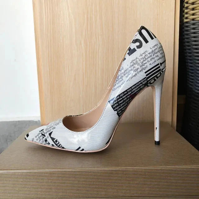 Graphic Print Women's High Heel Shoes – Pointed-Toe Style — 12cm White