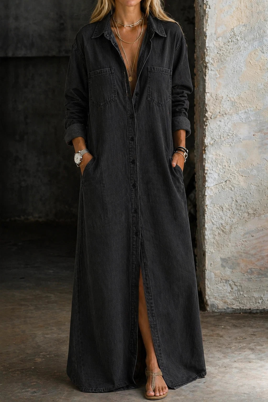 Women's Denim Button-Down Dress – Relaxed Everyday Fit — Black