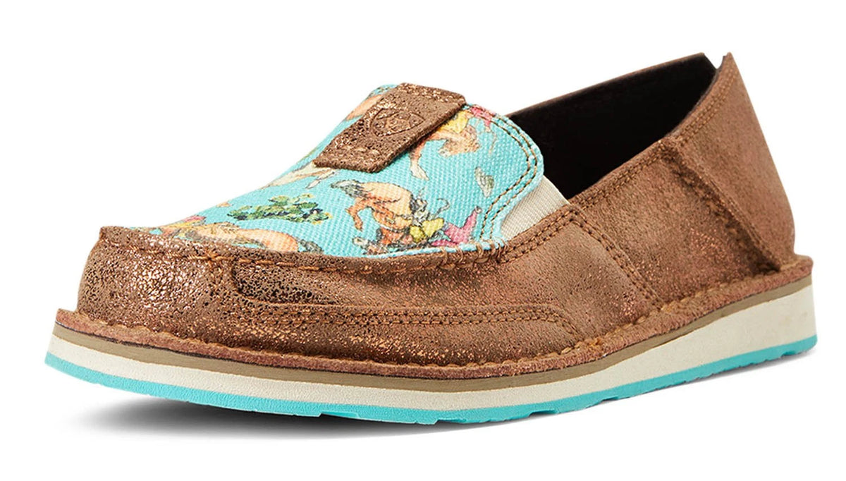 Women's Slip-On Shoes – Leather Stretch Casual Comfort — Copper Metallic/Bucking Turquoise