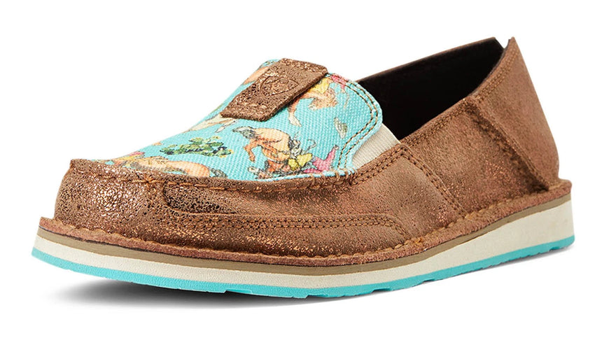 Women's Slip-On Shoes – Leather Stretch Casual Comfort — Copper Metallic/Bucking Turquoise