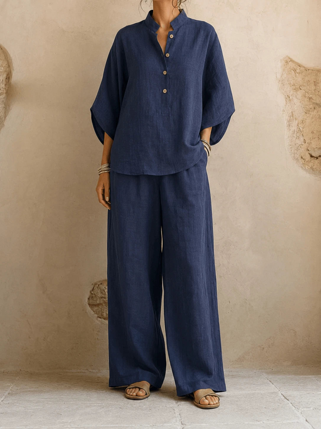 Maribel Women's Two-Piece Set – Batwing Wide-Leg Comfort — Navy Blue