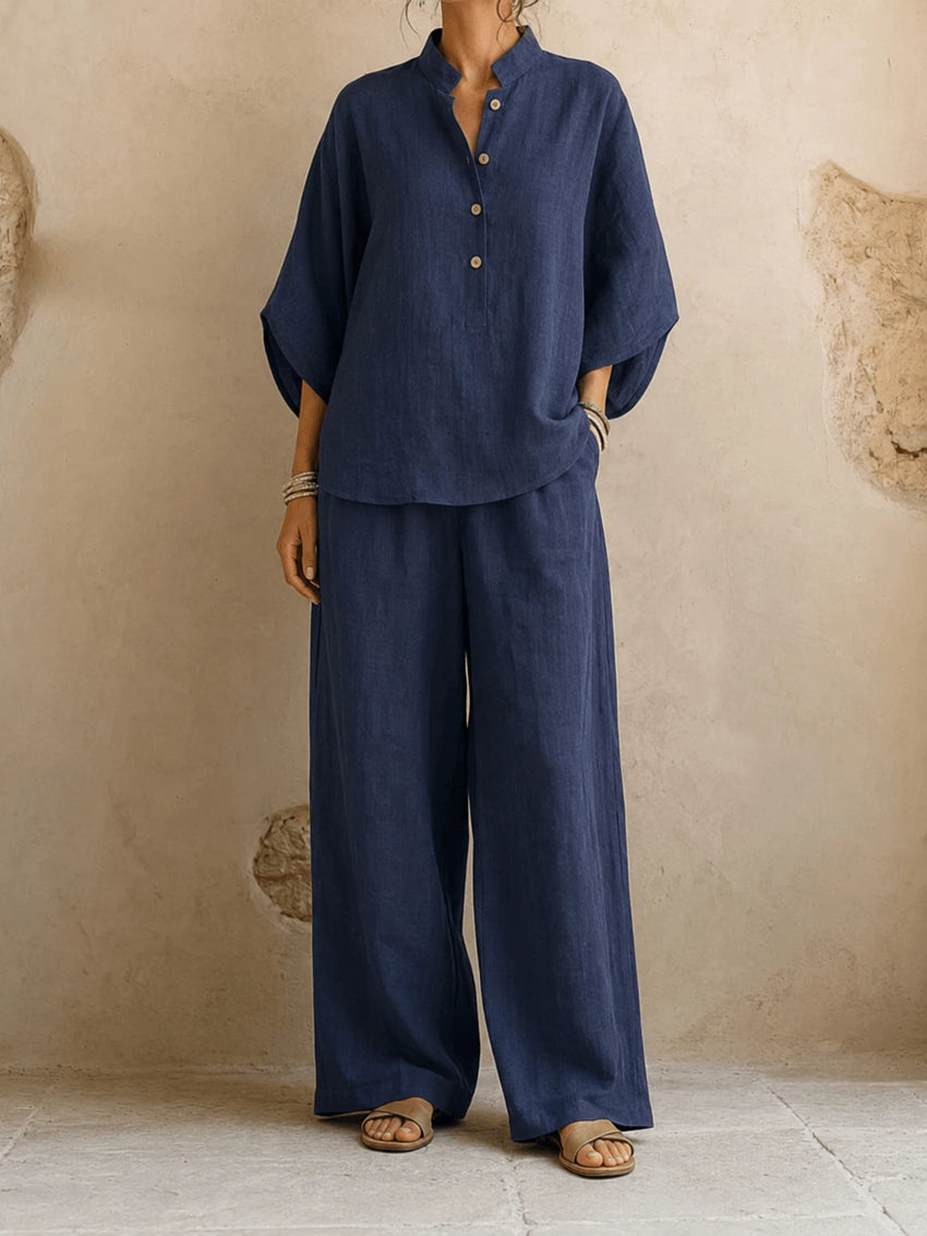 Maribel Women's Two-Piece Set – Batwing Wide-Leg Comfort — Navy Blue
