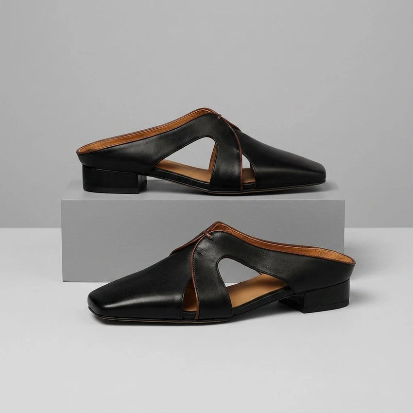 Lori Women's Leather Mule – Cutout Square Toe Low Heel — Charcoal