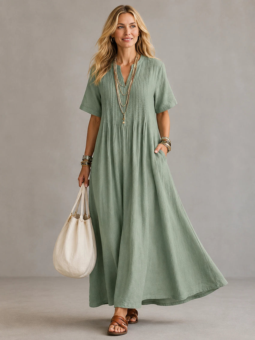 Pleated Women's Maxi Dress – Relaxed Fit Everyday Comfort — Green