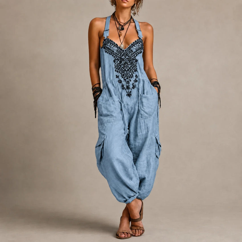 Astrid Women's Bohemian Jumpsuit – Embroidered Loose Fit — Blue