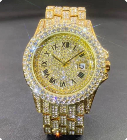 Calendar Men's Quartz Watch – Zircon Accent Fashion Style — Gold