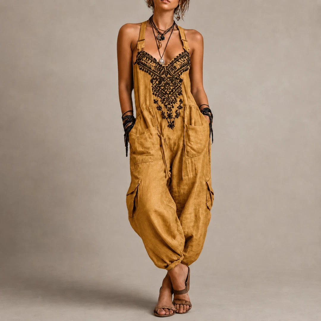 Astrid Women's Bohemian Jumpsuit – Embroidered Loose Fit — Yellow