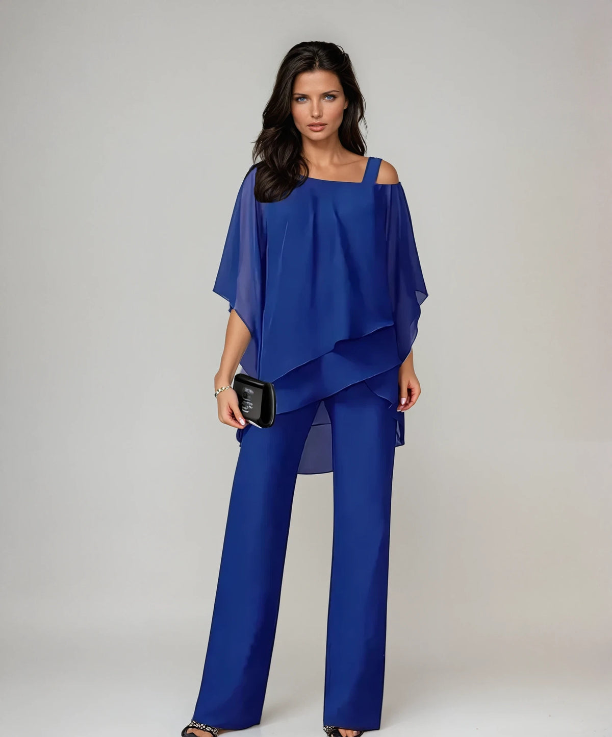 Eleanor Women's Two-Piece Set – Asymmetric Chiffon Drape — Blu
