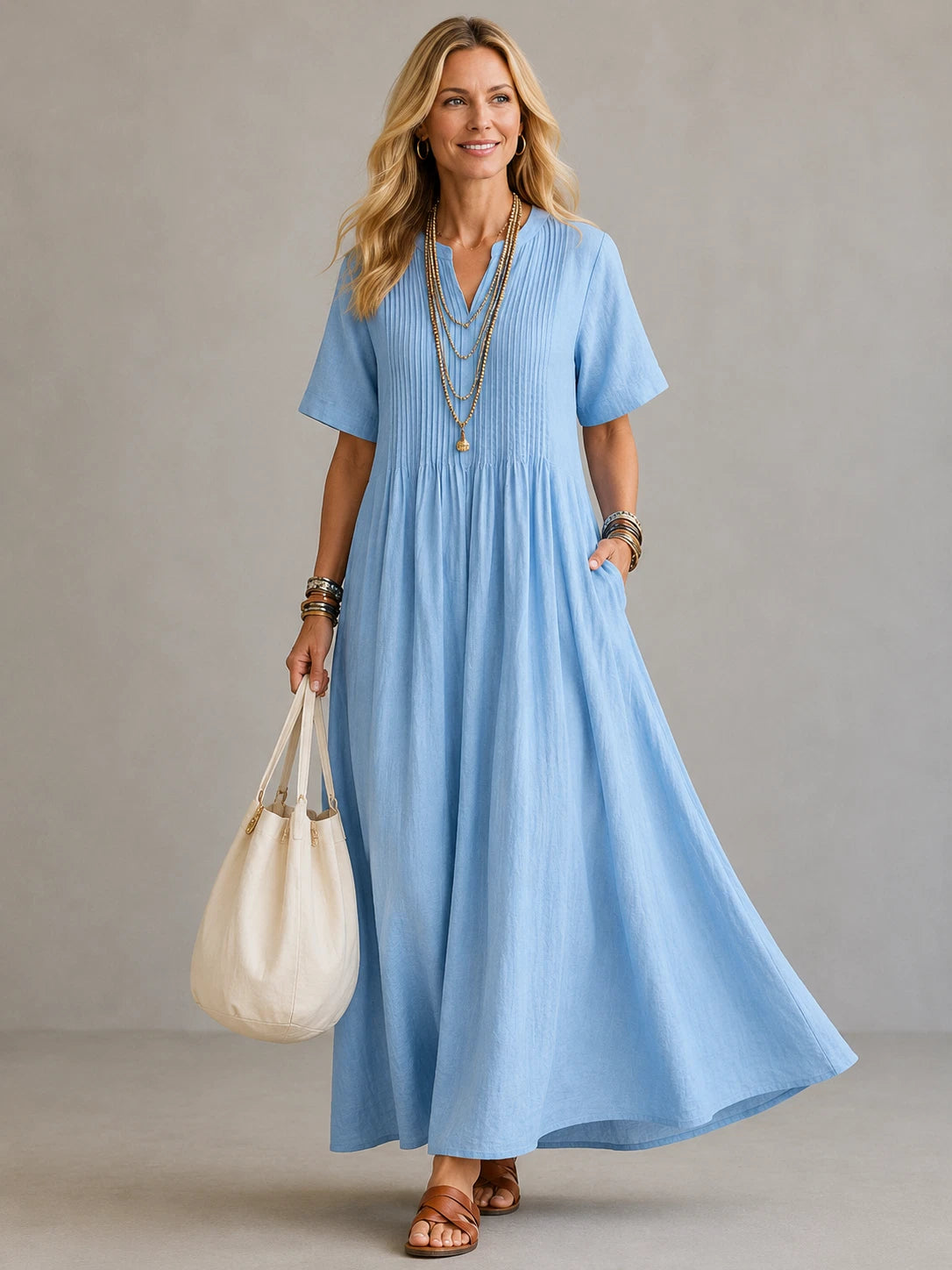 Pleated Women's Maxi Dress – Relaxed Fit Everyday Comfort — Blue
